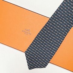 美品 エルメス HERMES ネクタイ シルク100% フランス製 ネイビー  H柄 TTH-10