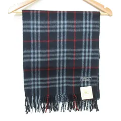 未使用 BURBERRYS バーバリーズ バーバリー ヴィンテージ 英国製 ノバチェック フリンジ マフラー ストール ネイビー レディース 古着 中古 USED