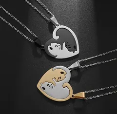 ネックレス　猫　キャット　ハート　ステンレススチール　レディース　贈り物　友達　姉妹　プレゼント　恋人　ペアネックレス　かわいい　おしゃれ