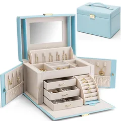 5.ブルー Vlando ジュエリーボックス 収納 アクセサリーケース 大容量の宝石箱 母の日スウィートなプレゼント ミラー 鏡付き ピアス ネックレス 指輪 リング アクセサリー 指輪置き ジュエリーバッグ （水色)