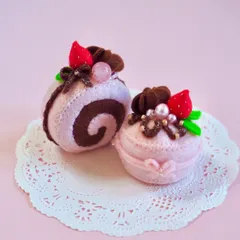 ピンク×ブラウン りぼんのフェルトケーキ&ロールケーキ2個セット バレンタイン フェルト雑貨 rameria ハンドメイド フェルトおもちゃ フェルトままごと