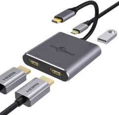 グレー USB C HDMI 変換アダプター,デュアル HDMI,4-in-1Type C to HDMI アダプタ,【4K対応2つのHDMIポート+USB-Aポート+USB-C PD充電ポート】3画面 hdmi 拡張モード対応,マルチディスプレイ hdmi