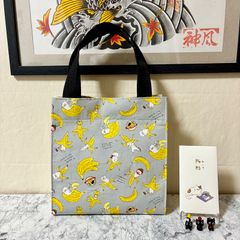 お手軽猫柄ミニトートバッグ バナナネコ ホワイト&グレー ハンドメイド 手さげ