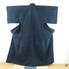 紬 着物 単衣 幾何学模様 黒色ｘ紺色ｘ赤色 広衿 正絹 胴抜き 仕立て上がり着物 身丈157cm