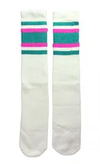 SkaterSocks (スケーターソックス) 22インチ ロング チューブソックス 靴下 US MADE 70年代 アメリカ製 スケートボード スケボー オールドスクール（ホワイト×ティールグリーン×ホットピンク）