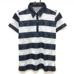 【超美品】プーマ 半袖ポロシャツ ネイビー×ライトグレー ボーダー 総柄地模様 ロゴ刺しゅう レディース L ゴルフウェア PUMA