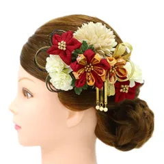 髪飾り 成人式 水引 つまみ細工 赤 振袖 前撮り 袴 花 2点セット 臙脂 ゴールド 白 ブラウン ちりめん 剣つまみ 組紐 ビラ ビ No.9-4967