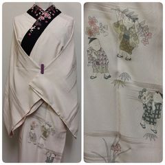 ★　美品　しつけ付き　長襦袢　袷　正絹　唐子　半衿　★　n917