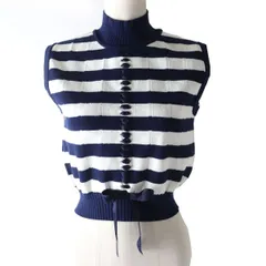 美品△正規品 FENDI フェンディ FZZ943 ボーダー柄 レースアップ クロップド ノースリーブ ニットトップス/ベスト ネイビー×ホワイト 40のサムネイル