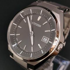 極美品　稼働品　CITIZEN　シチズン　アテッサ　ブラック　シルバー　ラウンド　ステンレス　腕時計　エコドライブ　電波ソーラー　メンズ時計　H128‐R006860