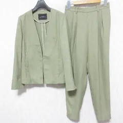 美品 green label relaxing グリーンレーベルリラクシング リネンライク ノーラペルジャケット＋テーパードパンツ セットアップ 36 カーキ レディース 古着 中古 USED