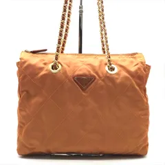 良品 PRADA プラダ 三角ロゴ ナイロン テスート チェーン ショルダー トート バッグ オレンジ k4713