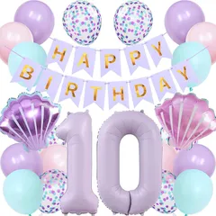 【新品】 Lausatek バルーン 誕生日 10歳 風船セット HAPPY BIRTHDAY バースデー ガーランド バースデー 飾り付け 数字10 シェル 装飾 お祝い イベント 子ども 男の子 女の子 パープル 0