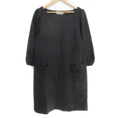 アナトリエ ANATELIER ワンピース ひざ丈 七分袖 ラウンドネック ウール リボン 38 チャコールグレー /FF19