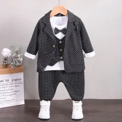 ☆ ブラック ☆ 110CM ☆ フォーマルスーツ キッズ mw90104 フォーマルスーツ キッズ チェック柄 パンツスーツ フォーマル スーツ ジャケット 蝶ネクタイ リボン ズボン パンツ ベスト 子供服 子ども服 柄 ポケット 男の子 子供