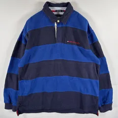 古着 トミーヒルフィガー TOMMY HILFIGER 長袖 ラガーシャツ フリース ボーダー ワンポイントロゴ ツートンカラー XL  ブルー メンズ