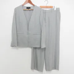 美品 UNTITLED アンタイトル ノーカラージャケット ワイドストレートパンツ セットアップ 大きいサイズ 44 グレー レディース 古着 中古 USED
