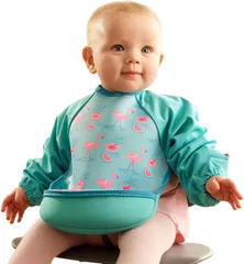 [ビベッタ] お食事エプロン 洗濯機で洗える 乾燥機 スタイ 長袖 スモック 離乳食 保育園 防水 食事スタイ ウルトラビブ ラグランスリーブ付き フラミンゴ