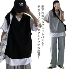 スウェット ベスト レディース 春夏 Tシャツ 2点セット カットソー 大きいサイズ ゆったり Vネックベスト プルオーバー ノースリーブ レイヤード 重ね着 無地 カジュアル 大人 かわいい シンプ IpmE624