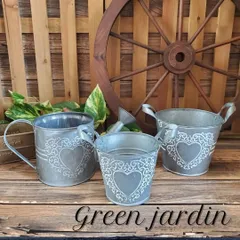 フラワーポット ガーデン雑貨 ガーデニング雑貨 ブリキ アイアン シャビー アンティーク風 ジャンク風 レトロ シャビーシック ヴィンテージ風 オブジェ オーナメント プランター 多肉植物 観葉植物 鉢 おしゃれ ハート柄バケツ ジョウロ 3個セット