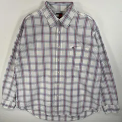 古着 90's/90年代 トミーヒルフィガー TOMMY HILFIGER 長袖シャツ ボタンダウンシャツ ワンポイント ロゴ 刺繍 胸ポケ XL  ホワイト系 チェック メンズ