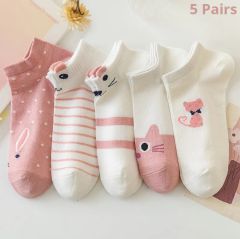 5 ペアの女性のショートチューブソックスピンク猫薄い四季かわいいボートソックススロートップイントレンディな靴下