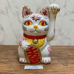 【瀬戸焼】招き猫 開運 ゴージャス猫 赤 デコ クリスタル 貯金箱 左手 置物 縁起物 Seto Ware Maneki Neko Lucky Cat Gorgeous Piggy Bank