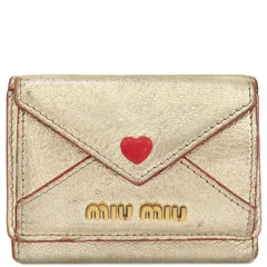 ミュウミュウ MIU MIU 三つ折り財布 MADRAS LOVE マドラス ラブ レザー ゴールド×レッド ゴールド金具 金 赤 コンパクト  5MH021 【箱】【中古】