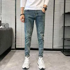 [30]メンズ ファッション 服 男性用 オシャレ シンプル 大人 かっこいい 大きいサイズ ストリート 紳士服 レトロ ダメージ ジーンズ スリムフィット ズボン 伸縮性 カジュアル 九分丈 パンツ