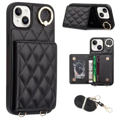 iPhone15 ケース 手帳型 ショルダー ストラップ付き iPhone15 手帳型ケース 背面カード収納 iPhone15 手帳型 ミラー付き アイフォン 15 手帳型ケース 斜めがけ 肩掛け 首掛け リング付き アイフォン15 スマホカバー 財布型  0