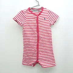 ◇ POLO RALPH LAUREN 縞々模様 ワンポイントロゴ フロントボタン 半袖 つなぎ サイズ80 ホワイト レッド キッズ E  【1308160016794】