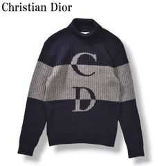 【希少】 ヴィンテージ クリスチャンディオール Christian Dior CDロゴ リブ編み ウール タートルネック ニット セーター バイカラー トップス M ネイビー x グレー レディース ♪
