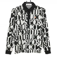 【美品】ルコックゴルフ 長袖ポロシャツ 黒×ライトグレー 英字総柄 ロゴ刺しゅう  レディース M ゴルフウェア le coq sportif