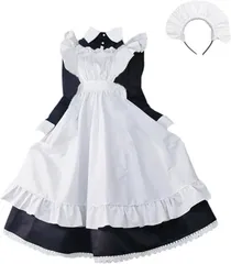 ルナリ メイド服 3点セット 長袖 ロング丈 ワンピース エプロン カチューシャ ロリータ コスプレ 衣装 仮装( M)