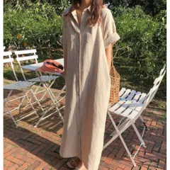 ☆ ベージュ ☆ Lサイズ ☆ シャツワンピース マキシ丈 シャツワンピース マキシ丈 レディース 前開き 半袖 ワンピース ワンピ ロングワンピース ロングワンピ マキシ丈ワンピース マキシワンピース マキシワンピ マキシ丈ワンピ ロングシャツワンピ