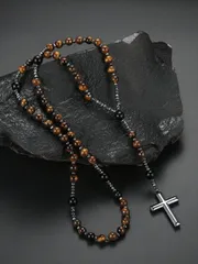 ジュエリー メンズ ネックレス 1個 天然石ビーズ イエロータイガーアイ クロスペンダントネックレス ユニセックス