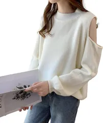 J-Scott 肩出しセーター ショルダーカット 長袖 ラウンドネック ニット ゆるシルエット パフスリーブ ヘルシーコーデ 大人リラクシー レディース(アイボリー,  L)