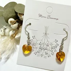 17.ハート ガラスカット 琥珀色 シルバー フックピアス ハンドメイド