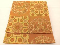 K中古美品 未仕立て袋帯 唐花 宝相華文様 金茶山吹色□N80624-37