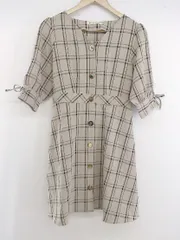 ◇ MAJESTIC LEGON マジェスティックレゴン チェック 七分袖 ミニ ワンピース サイズ155-160 ベージュ レディース P  【1304010002580】