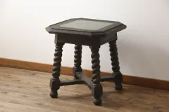 ★事前問合せ必須★ サイドテーブル イギリスアンティーク 大正ロマン 真鍮 しんちゅう レザートップ ガラス天板 個性的 飾り台 花台 エンドテーブル ナイトテーブル 英国 リペア+発送まで3週間前後 R-070117