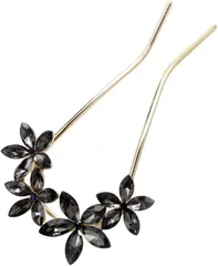 Miaomyao ミャオミャオ 簪 かんざし バチ型 和装 留袖 着物 髪飾り 金属 アンティーク ブラック 黒 クリスタルフラワー 桜 花 キュービックジルコニア U字 コーム ゴールド ヘアアクセサリー(Black,  大きめ)