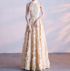 ウエディングドレス パーティードレス シャンパン タッセル フェザー ノースリーブ フレア パーティー ロング ホルターネック Aライン 0711