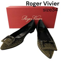ロジェヴィヴィエ ROGER VIVIER ゴメッティーヌバレリーナシューズ フラットシューズ スタッズ 黒 レザー 34 21cm レディース 5E018