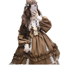 [Takusan Shopping] ロリィタ コスプレ 甘ロリ ワンピース ドレス ロリータ ブラウス ゴスロリ スカート 衣装 ハロウィン フリフリ 撮影会 お姫様 ぬいぐるみ 地雷系 リボン レース ボリューム コスチューム ステージ 姫ロ [ブラウン]