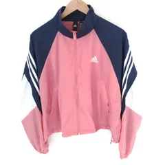 (^w^)b adidas アディダス ナイロン100％ ウィンドブレーカー トラックジャケット アクティブウェア 裏地メッシュ スポーツ トレーニング ウォーキング ランニング フィットネス ジム アウトドアレジャー  ネイビー×ピンク レディース サイズL