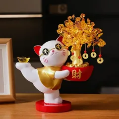 金のなる木 招財樹 ネコ 猫 置物 オブジェ 繁栄 樹脂素材 高級感 運 開運 商売繁盛 黄金 インテリア 玄関 リビング 風水縁起物 贈り物 プレゼント