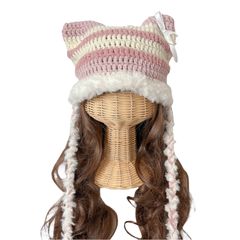 ハンドメイド  猫耳ニット帽  ☆モコモコ☆  ファー　y2k フェアリーグランジ  くすみピンク　手編み　ハンドニット