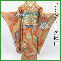 510aa16◇アンティーク振袖 五つ紋 刺繍 桐 菊 レトロモダン 大正ロマン 昭和レトロ 和洋MIX◇状態良好