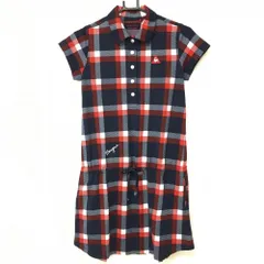 ★値下げ★【超美品】ルコック 半袖ポロワンピース ネイビー×レッド チェック ロゴ刺しゅう ウエスト紐 レディース M ゴルフウェア le coq sportif